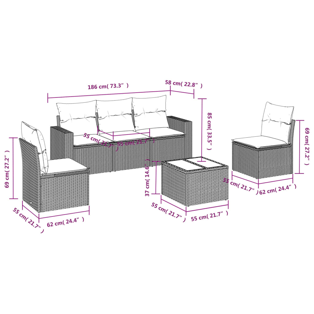 6 pcs conjunto de sofás jardim c/ almofadões vime PE castanho