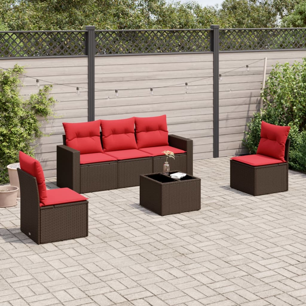 6 pcs conjunto de sofás jardim c/ almofadões vime PE castanho