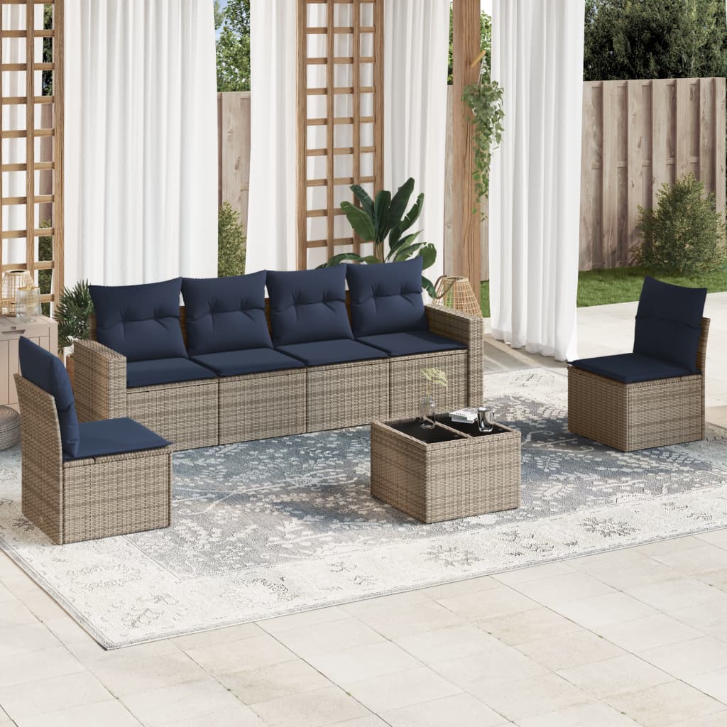 7 pcs conjunto sofás p/ jardim c/ almofadões vime PE cinzento