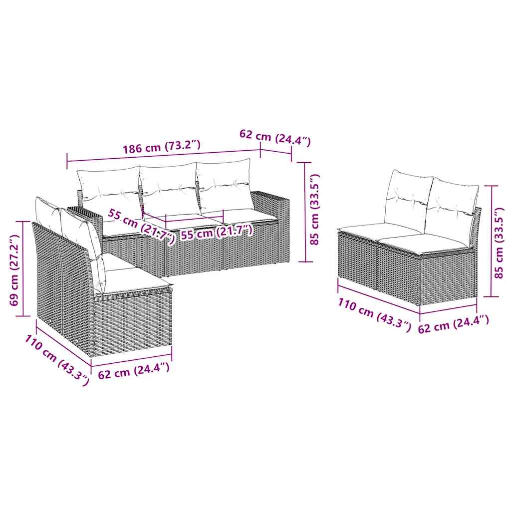 7 pcs conjunto de sofás p/ jardim c/ almofadões vime PE preto