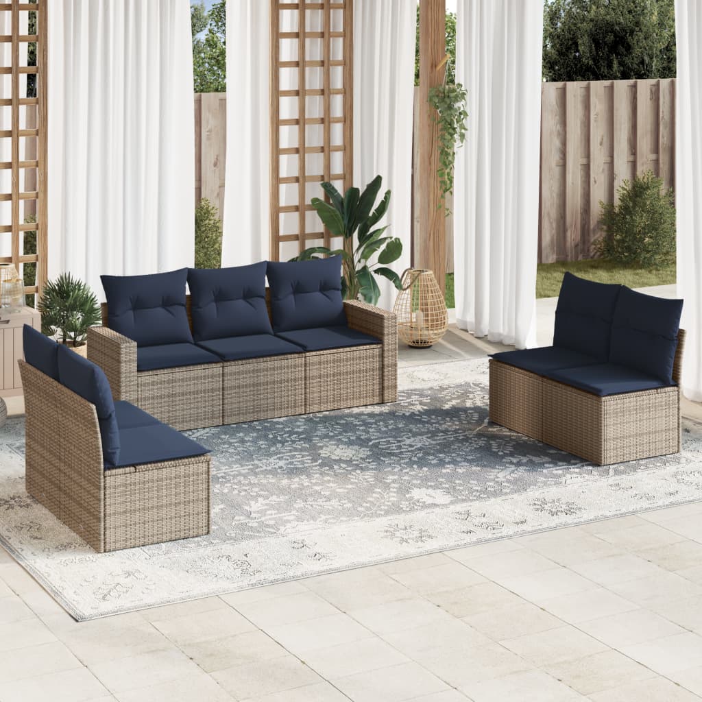 7 pcs conjunto sofás p/ jardim c/ almofadões vime PE cinzento