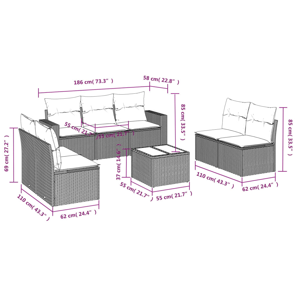 8 pcs conjunto sofás p/ jardim c/ almofadões vime PE cinzento