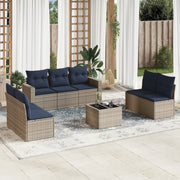 8 pcs conjunto sofás p/ jardim c/ almofadões vime PE cinzento