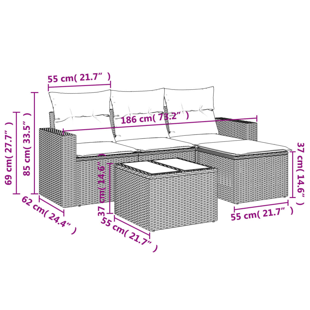 5 pcs conjunto sofás p/ jardim c/ almofadões vime PE cinzento