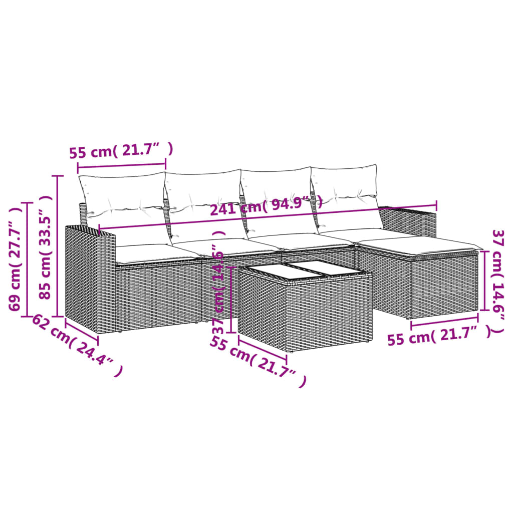 6 pcs conjunto sofás p/ jardim c/ almofadões vime PE cinzento