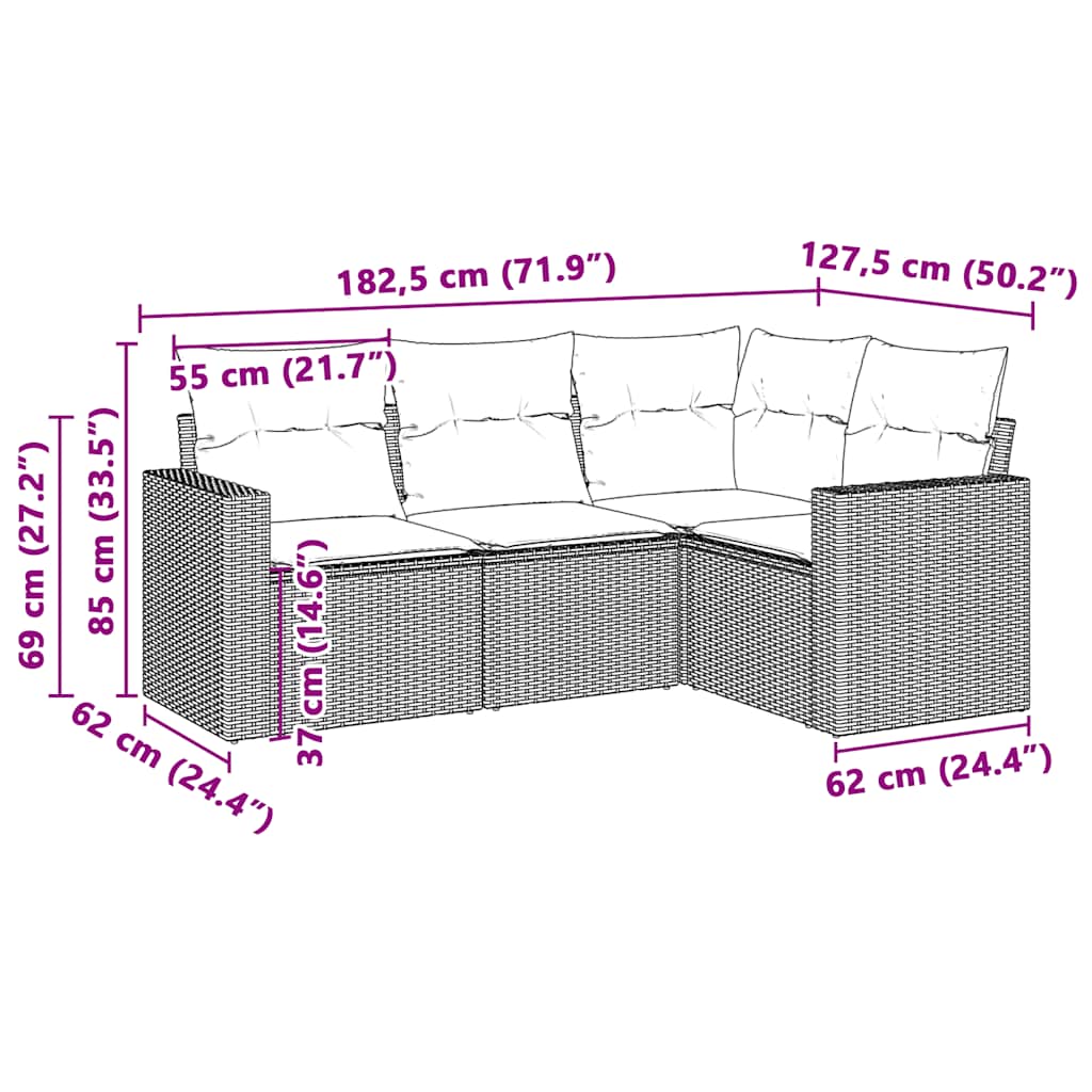 4 pcs conj. sofás jardim c/ almofadões vime PE cinzento-claro