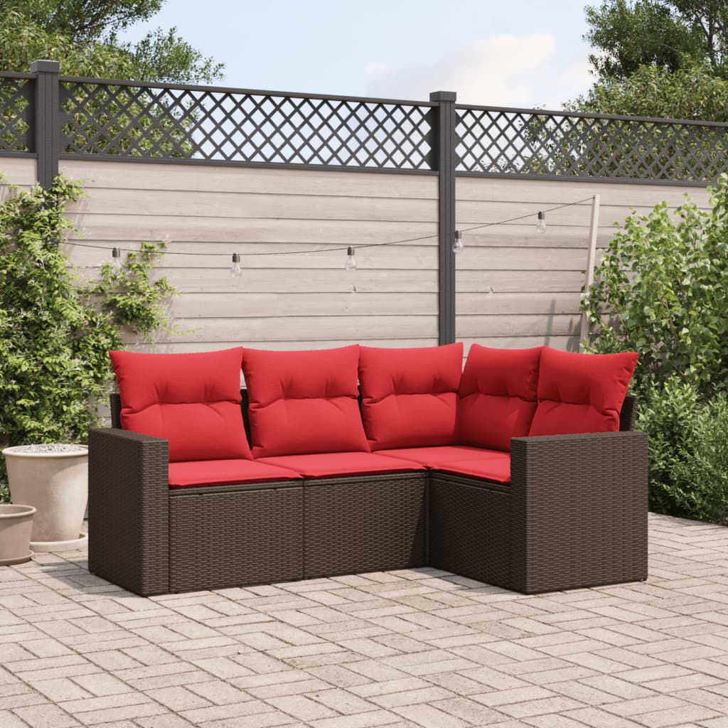4 pcs conjunto sofás de jardim c/ almofadões vime PE castanho