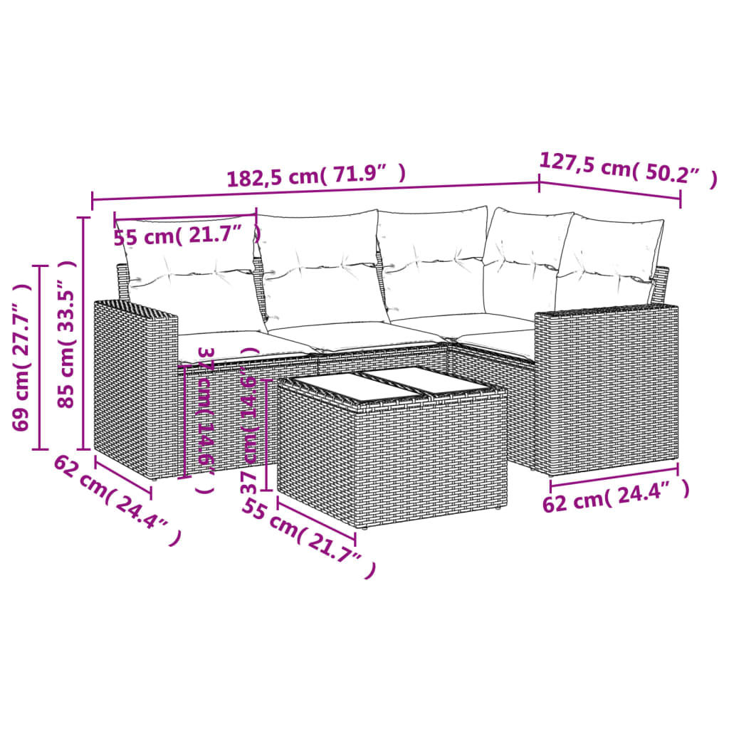 5 pcs conjunto sofás p/ jardim c/ almofadões vime PE castanho