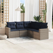 5 pcs conjunto sofás p/ jardim c/ almofadões vime PE cinzento
