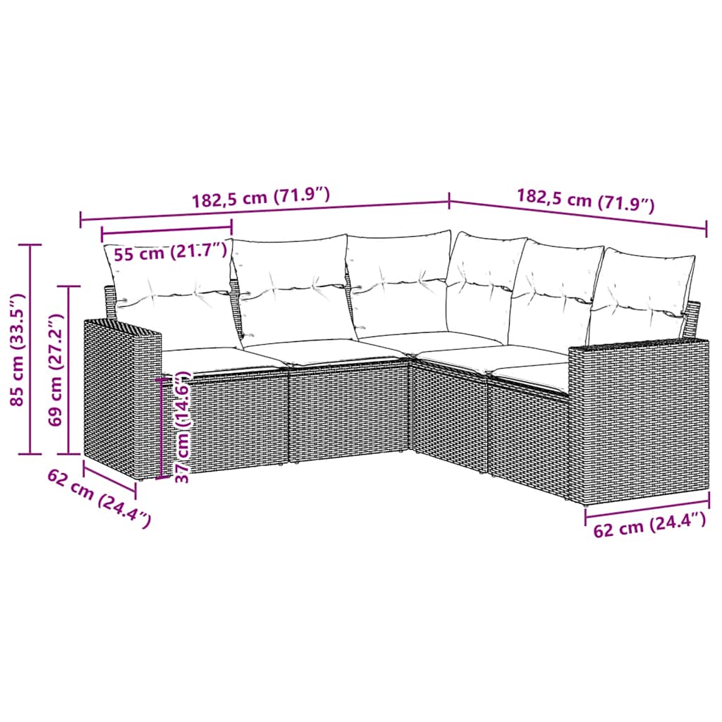5 pcs conjunto sofás p/ jardim c/ almofadões vime PE castanho