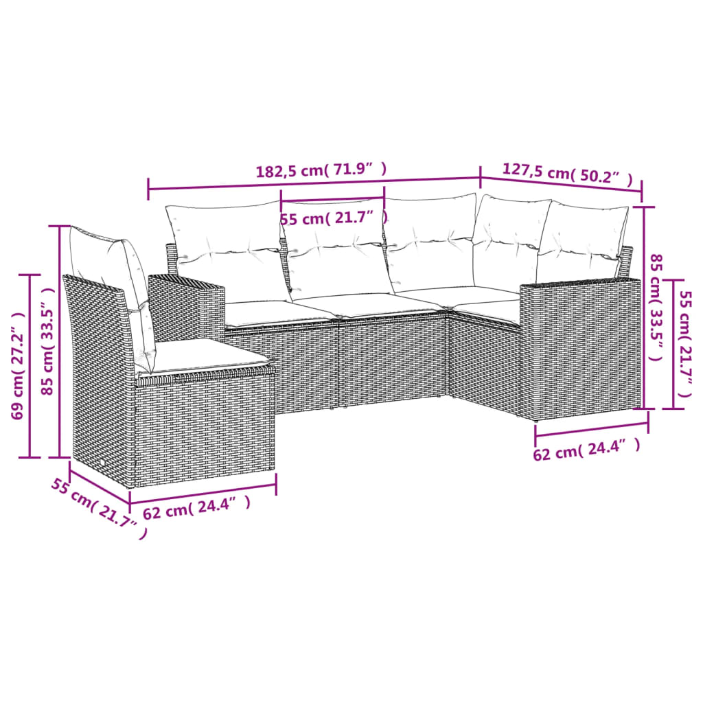 5 pcs conjunto de sofás p/ jardim com almofadões vime PE bege