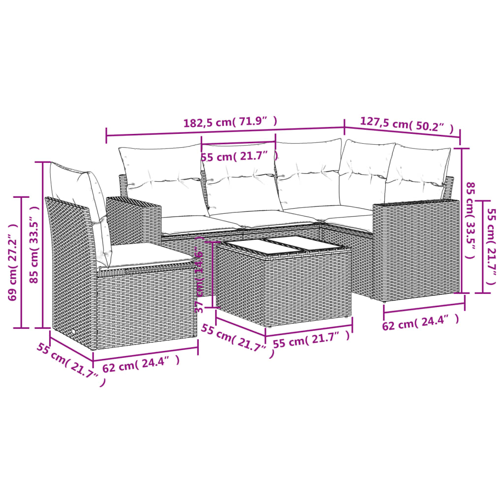 6 pcs conjunto sofás p/ jardim c/ almofadões vime PE cinzento