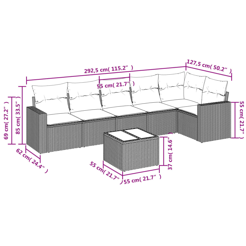 7 pcs conjunto de sofás jardim c/ almofadões vime PE castanho