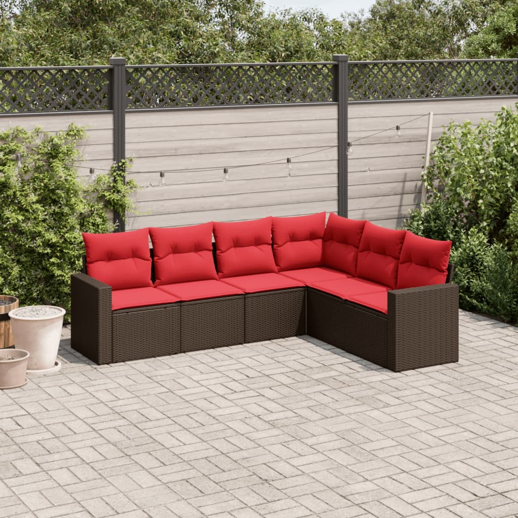 6 pcs conjunto de sofás jardim c/ almofadões vime PE castanho