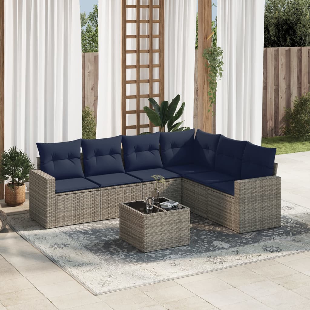 7 pcs conjunto sofás p/ jardim c/ almofadões vime PE cinzento