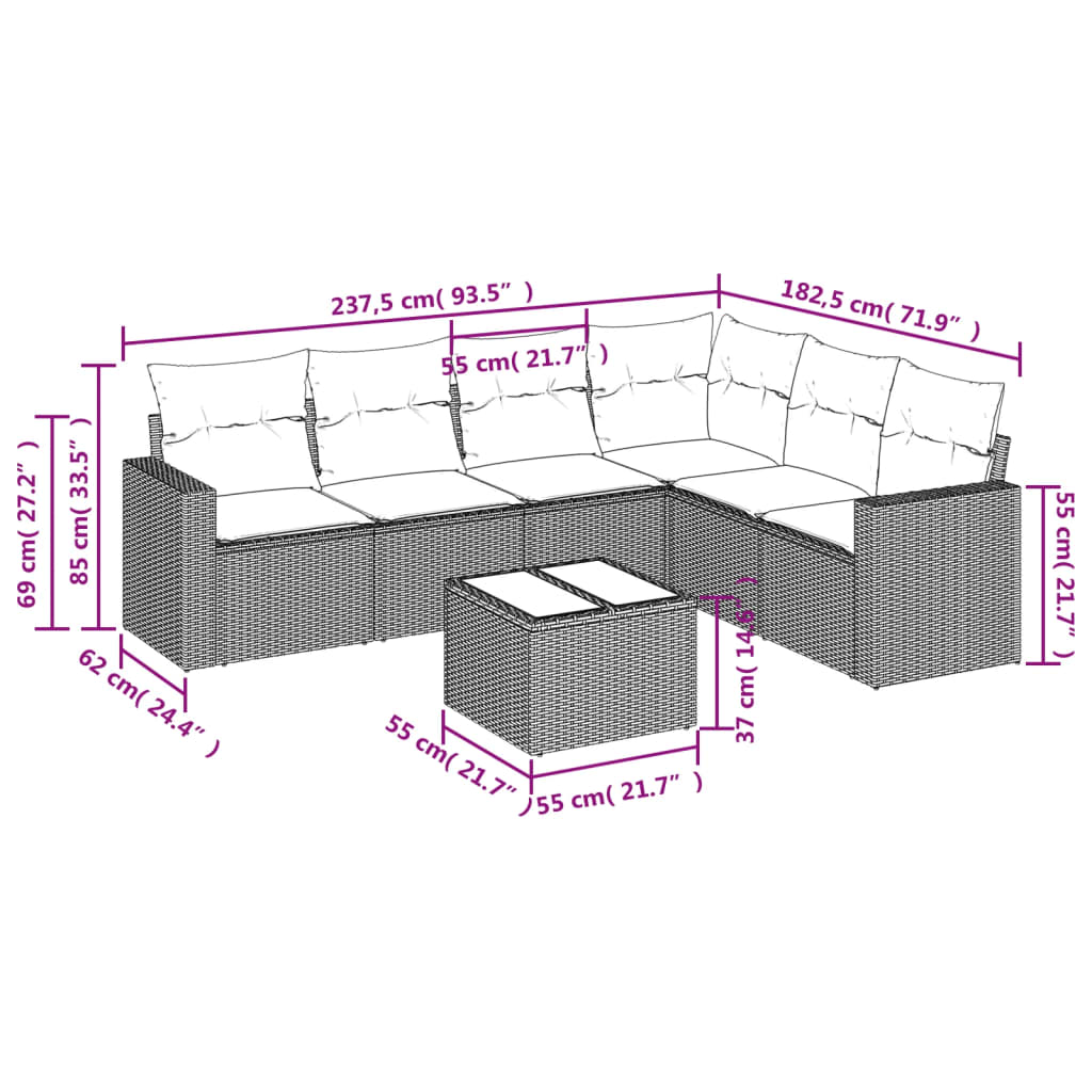7 pcs conjunto de sofás jardim c/ almofadões vime PE castanho