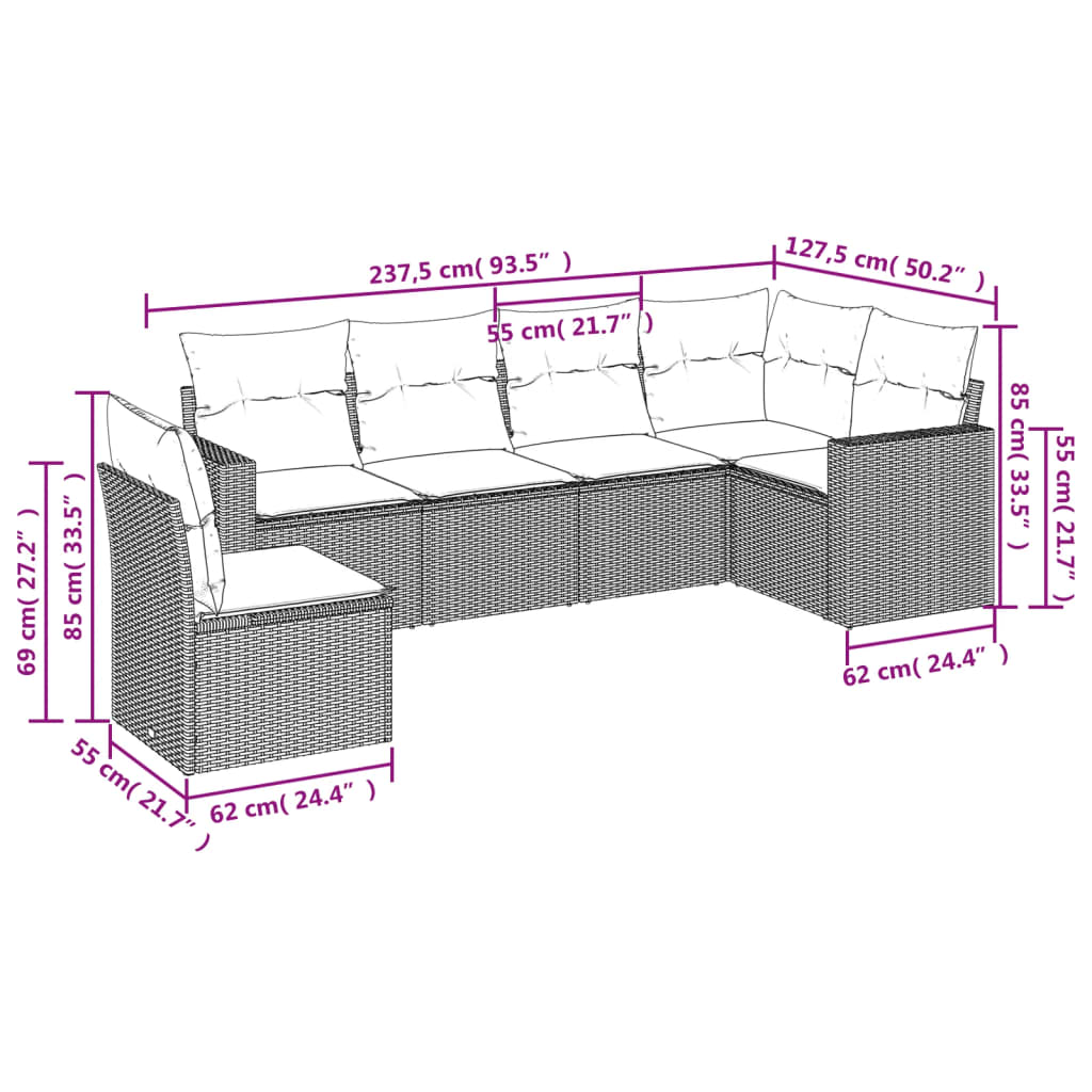 6 pcs conjunto sofás p/ jardim c/ almofadões vime PE cinzento