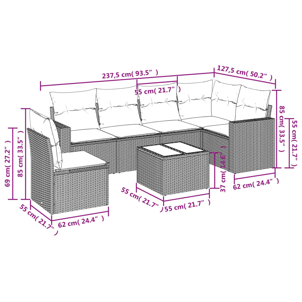 7 pcs conjunto sofás p/ jardim c/ almofadões vime PE cinzento