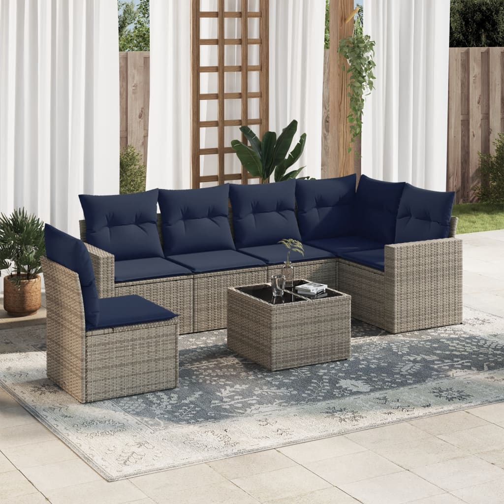 7 pcs conjunto sofás p/ jardim c/ almofadões vime PE cinzento
