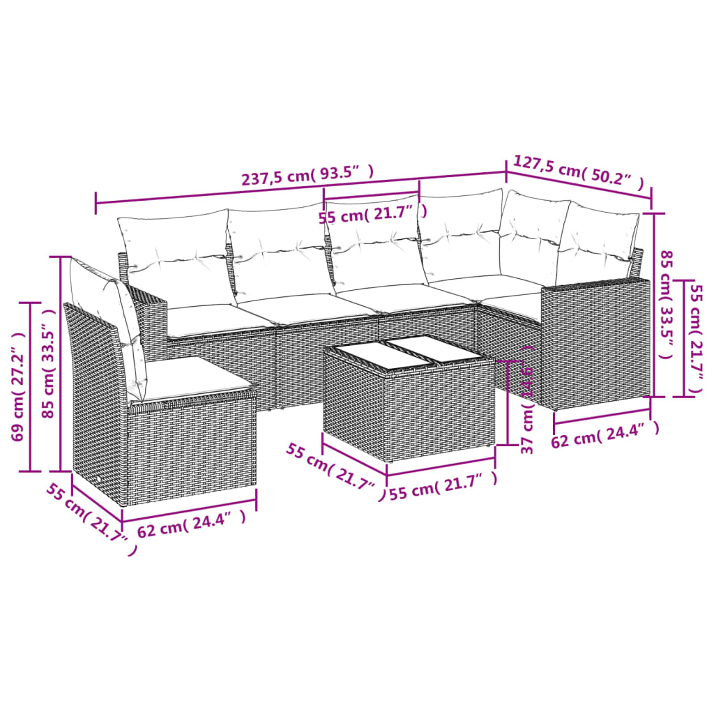 7 pcs conj. sofás jardim com almofadões vime PE cinzento-claro