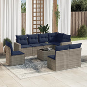 9 pcs conjunto sofás p/ jardim c/ almofadões vime PE cinzento