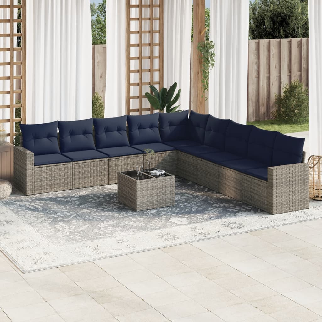 10 pcs conjunto sofás p/ jardim c/ almofadões vime PE cinzento