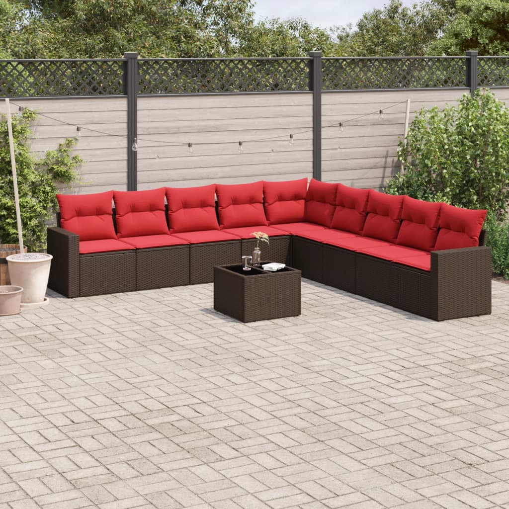 10 pcs conj. sofás jardim com almofadões vime PE castanho