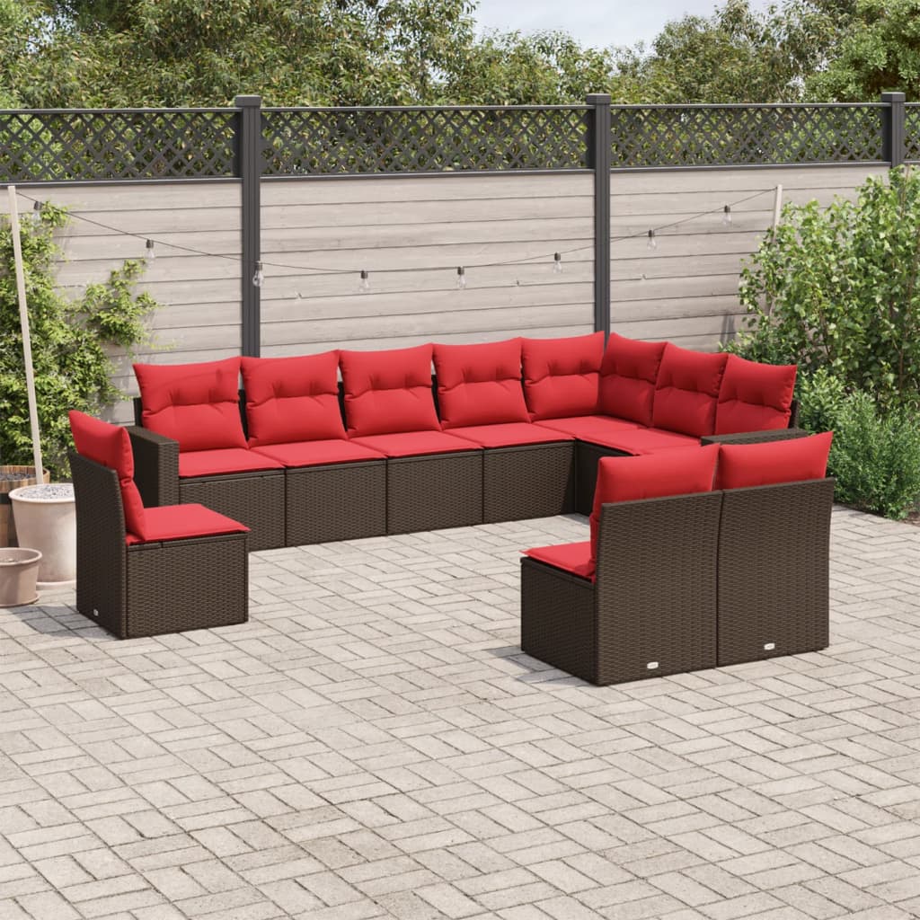 10 pcs conj. sofás jardim com almofadões vime PE castanho