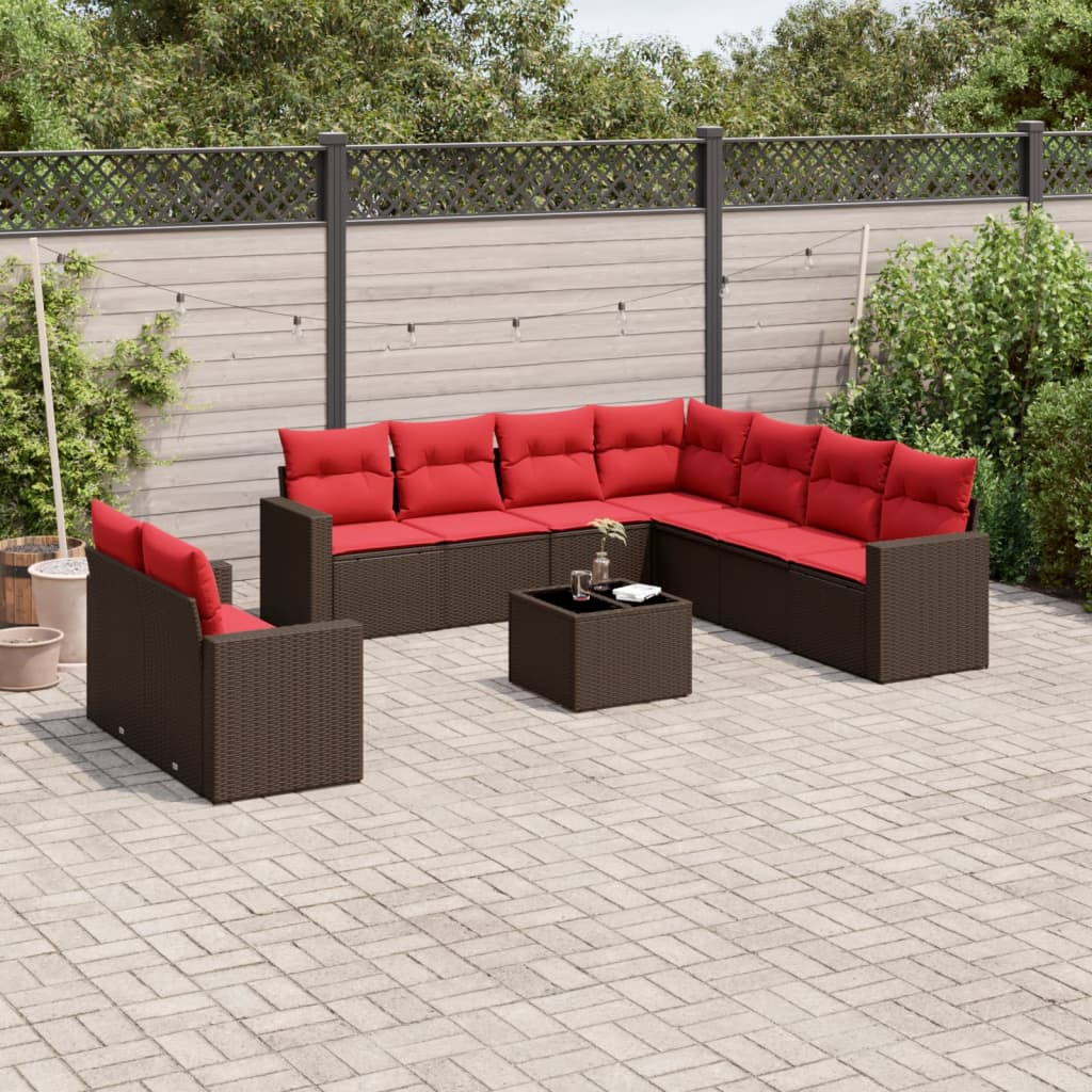 10 pcs conj. sofás jardim com almofadões vime PE castanho