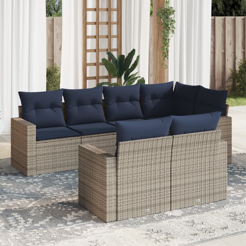 7 pcs conjunto sofás p/ jardim c/ almofadões vime PE cinzento