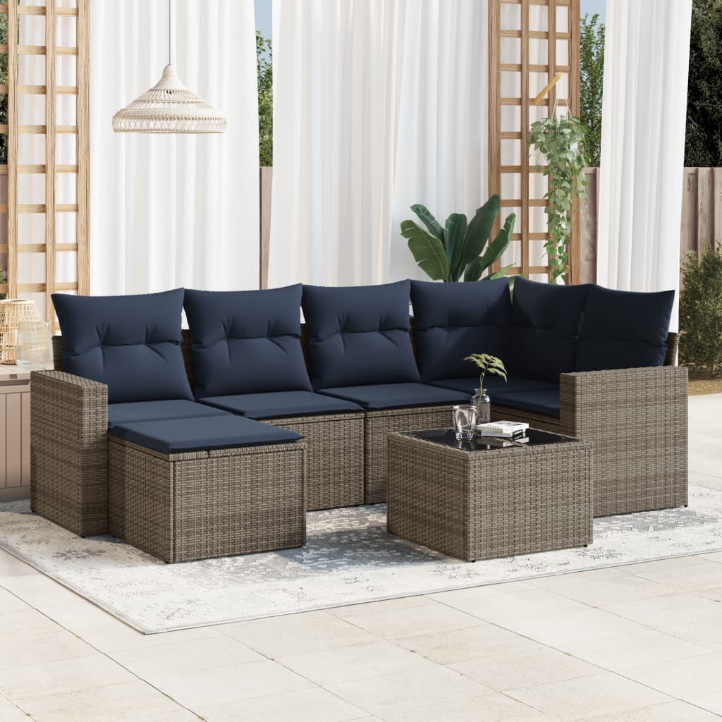 7 pcs conjunto sofás p/ jardim c/ almofadões vime PE cinzento