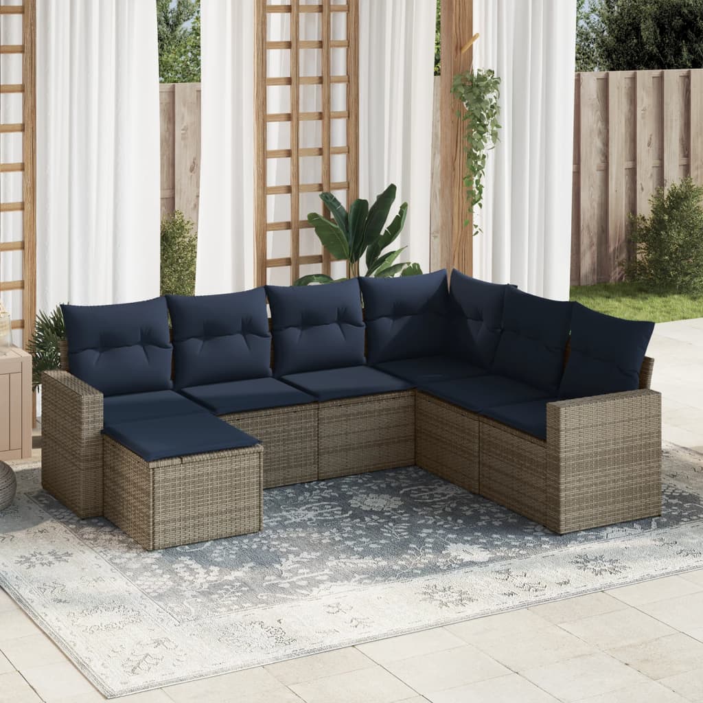 7 pcs conjunto sofás p/ jardim c/ almofadões vime PE cinzento