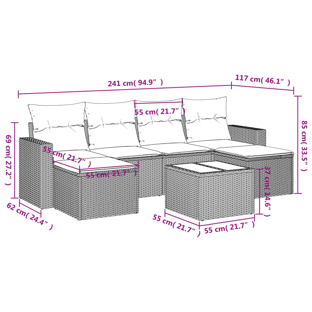 7 pcs conjunto sofás p/ jardim c/ almofadões vime PE cinzento