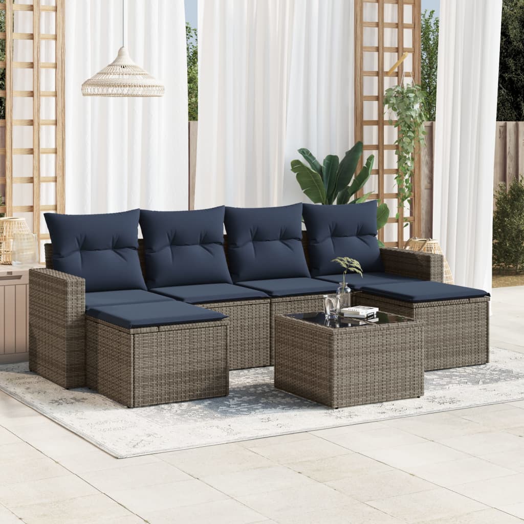 7 pcs conjunto sofás p/ jardim c/ almofadões vime PE cinzento