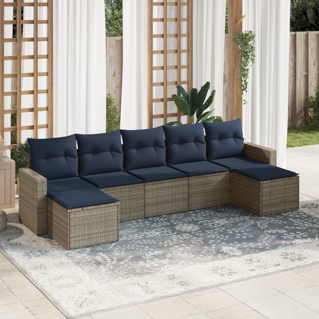 7 pcs conjunto sofás p/ jardim c/ almofadões vime PE cinzento