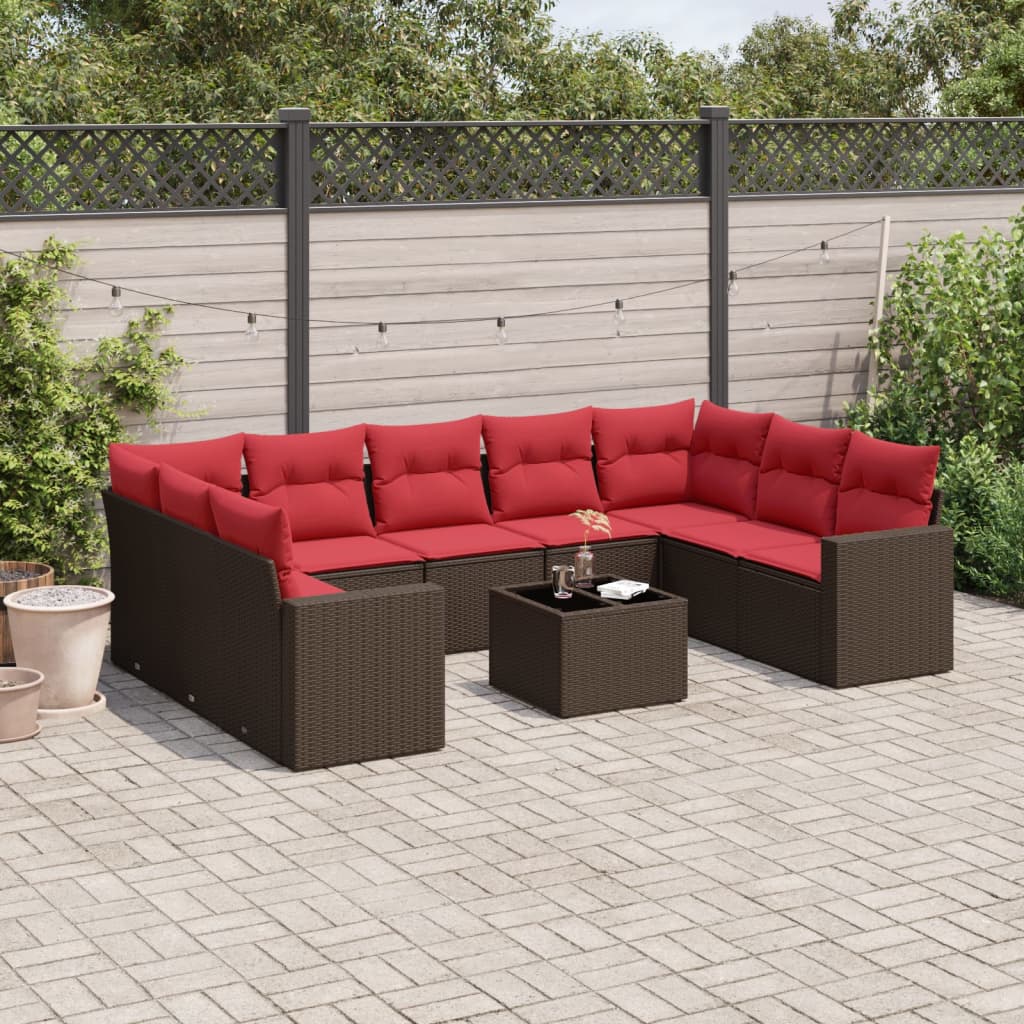 10 pcs conj. sofás jardim com almofadões vime PE castanho