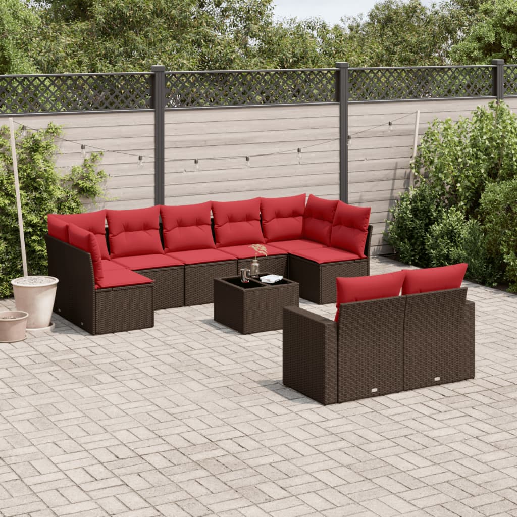 10 pcs conj. sofás jardim com almofadões vime PE castanho