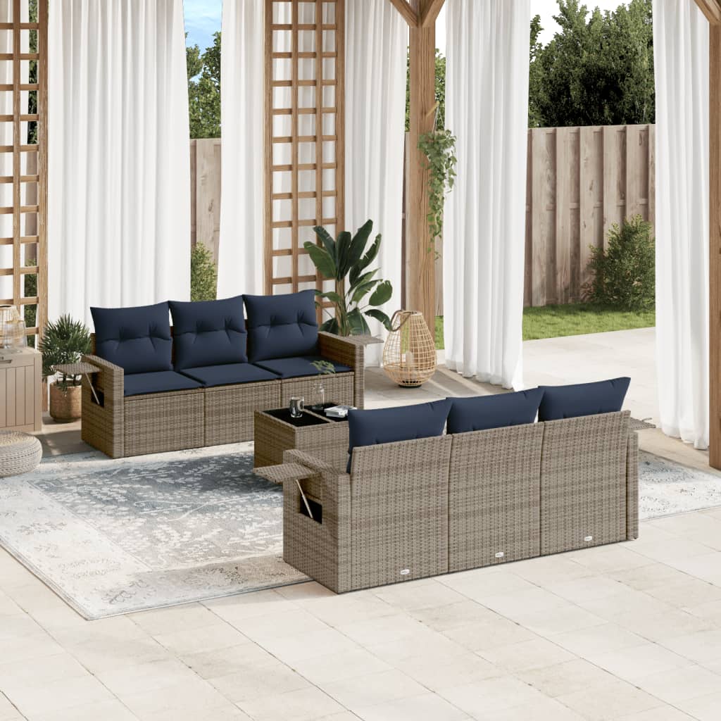 7 pcs conjunto sofás p/ jardim c/ almofadões vime PE cinzento