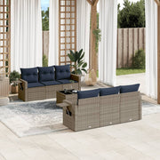 7 pcs conjunto sofás p/ jardim c/ almofadões vime PE cinzento