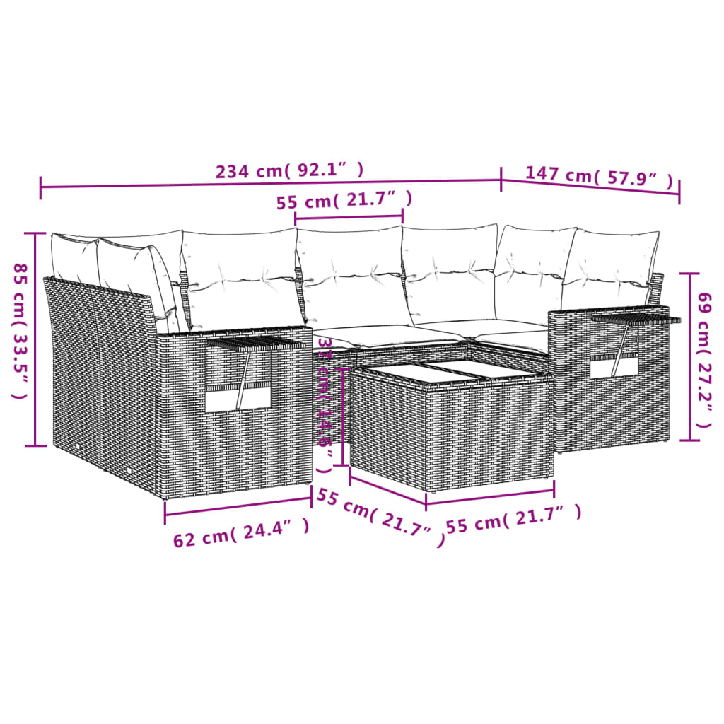 7 pcs conjunto sofás p/ jardim c/ almofadões vime PE cinzento