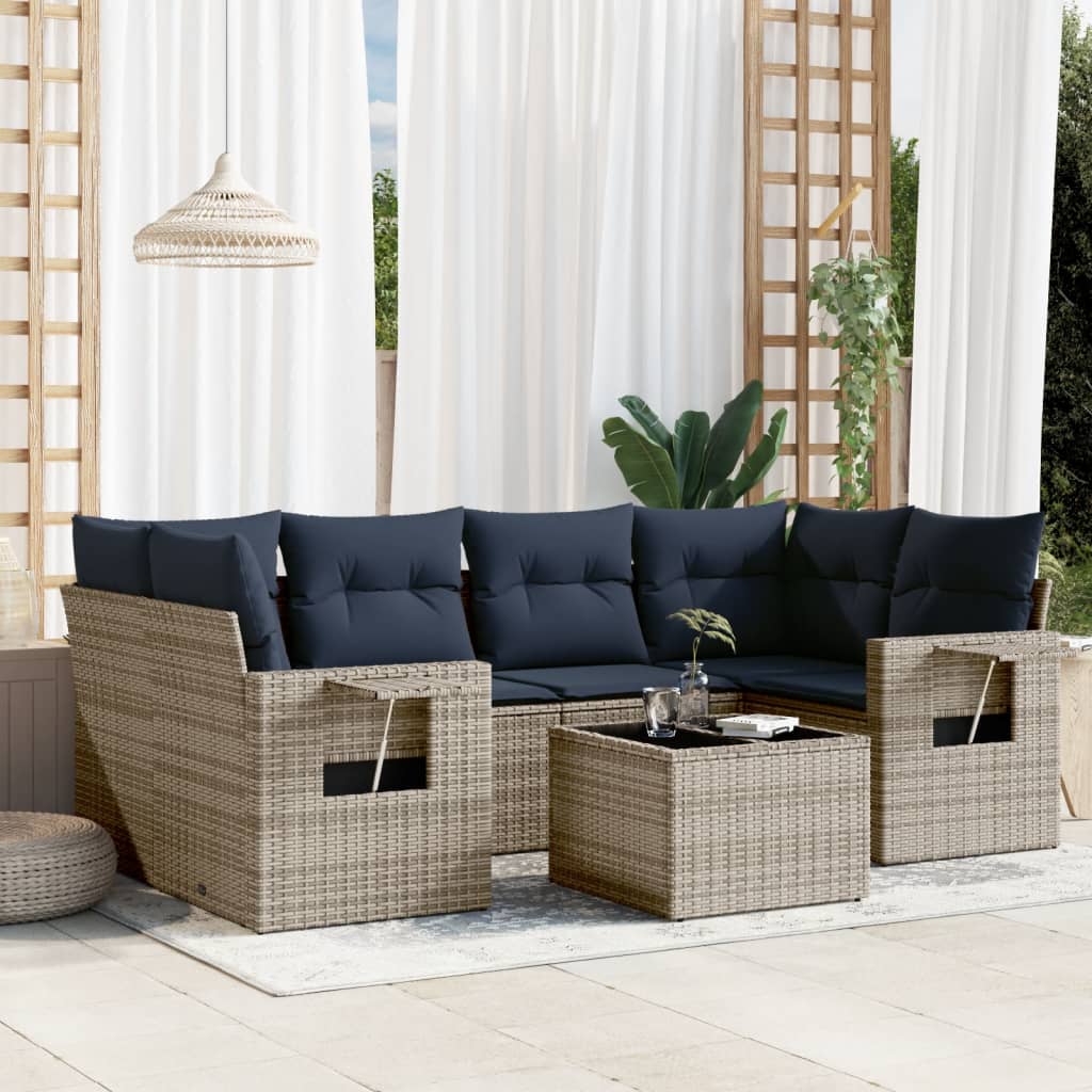 7 pcs conjunto sofás p/ jardim c/ almofadões vime PE cinzento