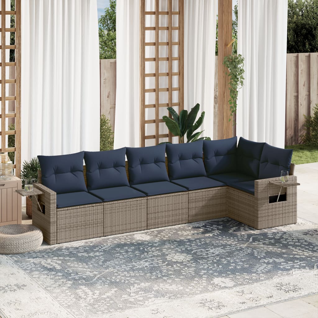 7 pcs conjunto sofás p/ jardim c/ almofadões vime PE cinzento