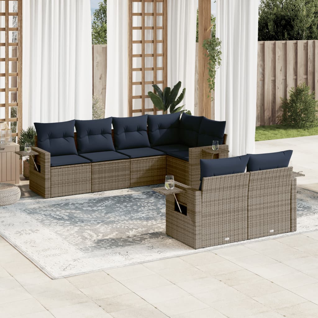 7 pcs conjunto sofás p/ jardim c/ almofadões vime PE cinzento