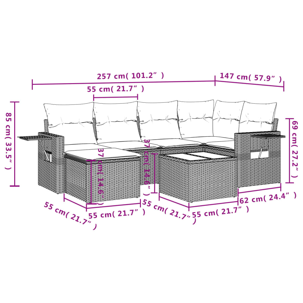 7 pcs conjunto sofás p/ jardim c/ almofadões vime PE cinzento