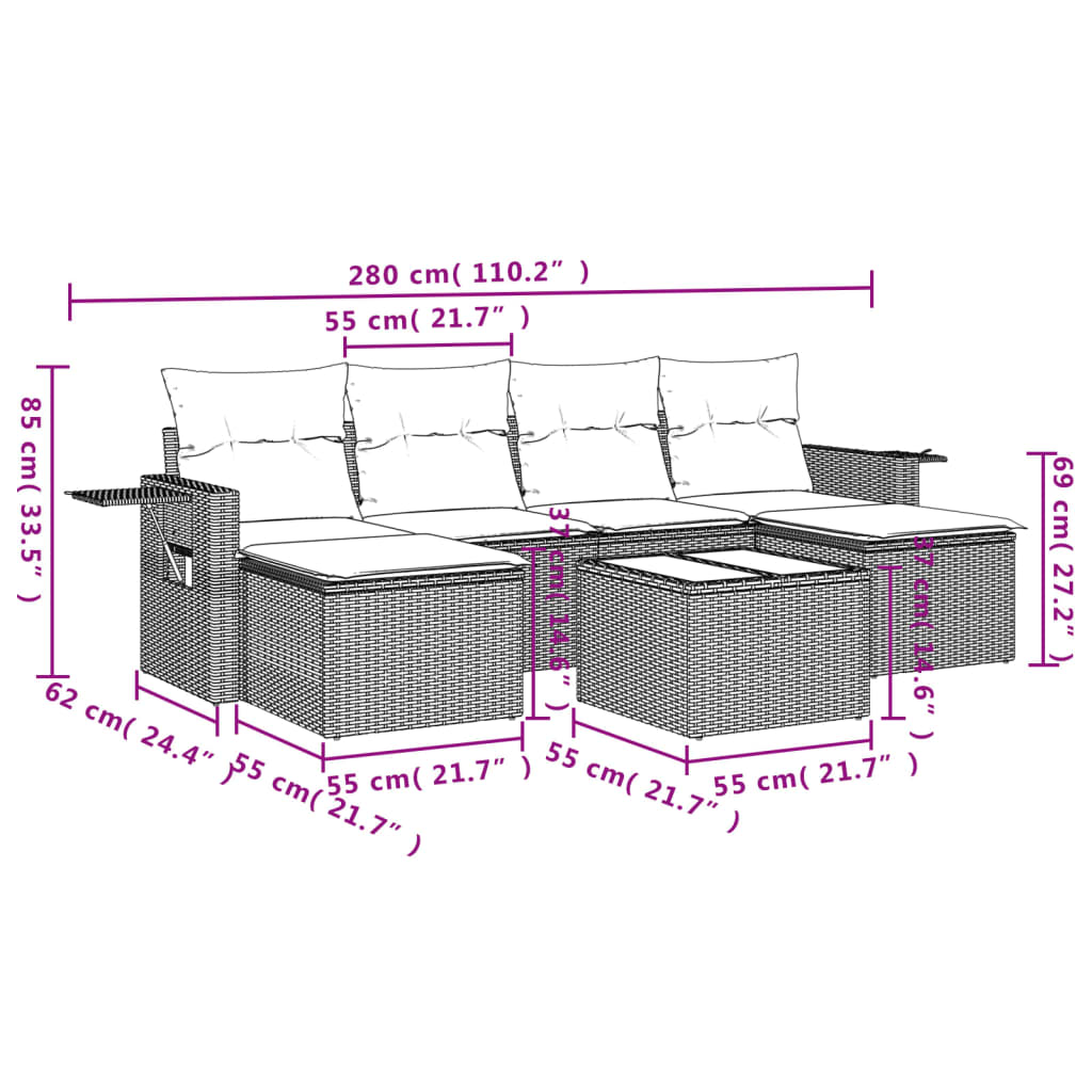 7 pcs conjunto sofás p/ jardim c/ almofadões vime PE cinzento