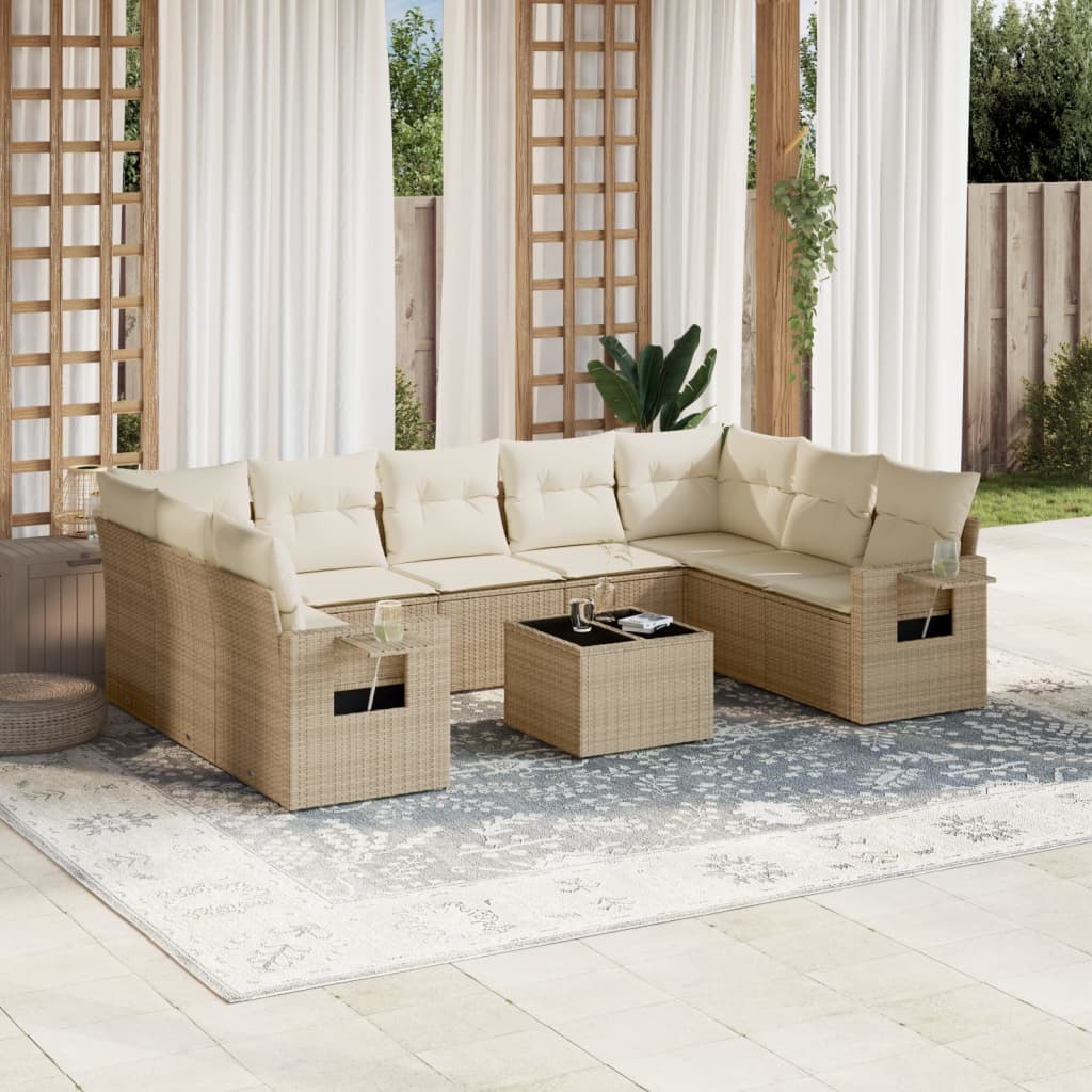 10 pcs conjunto de sofás p/ jardim com almofadões vime PE bege
