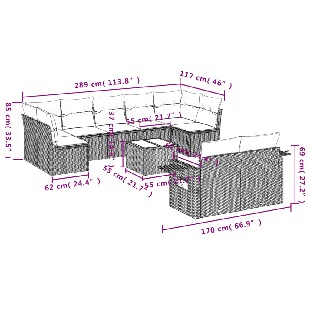 10 pcs conjunto de sofás p/ jardim com almofadões vime PE bege