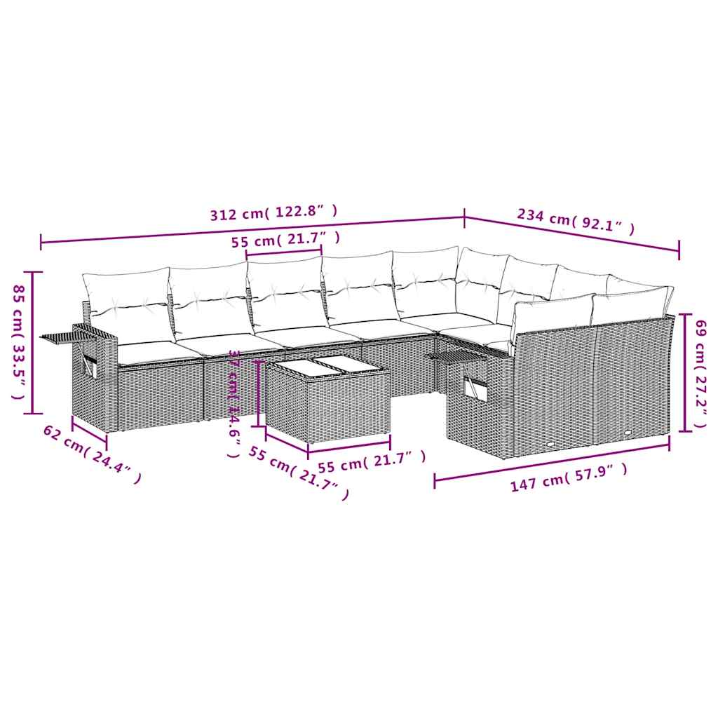 10 pcs conjunto de sofás p/ jardim com almofadões vime PE bege