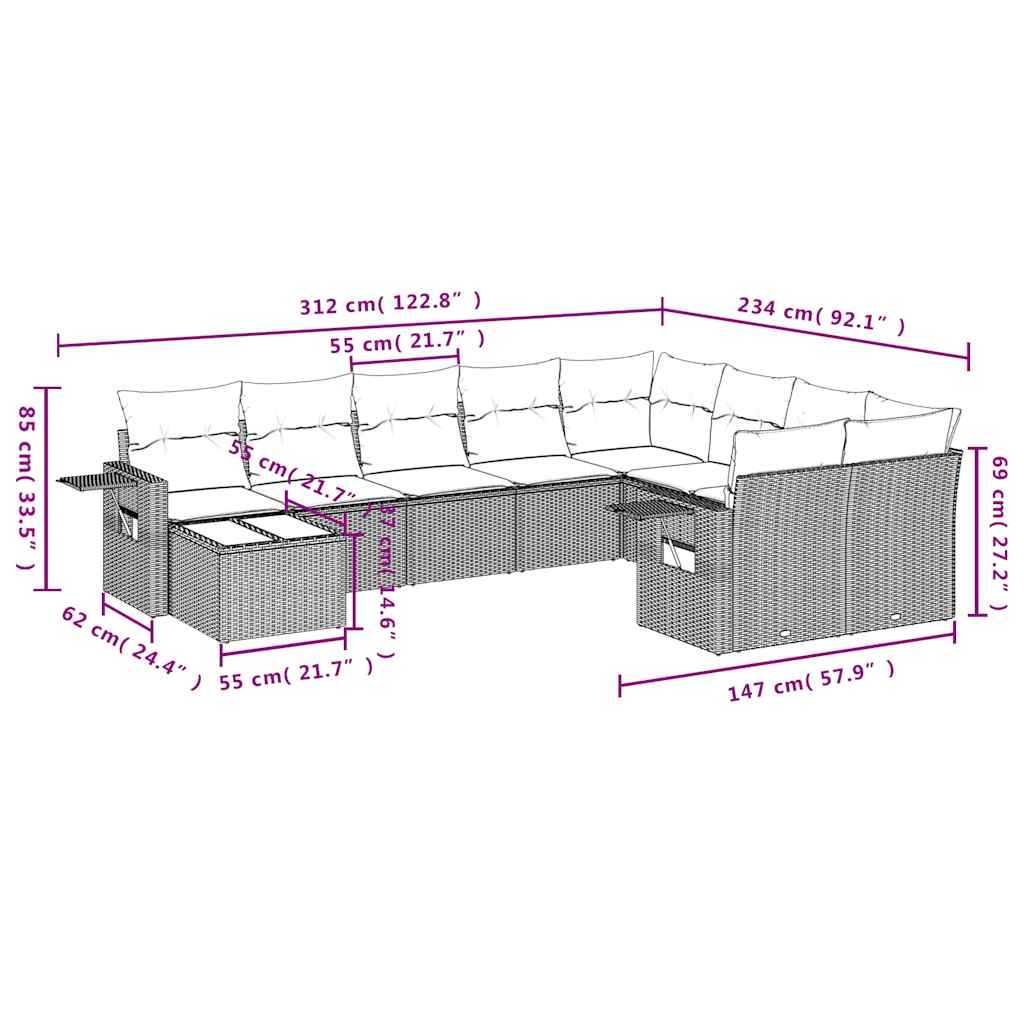 10 pcs conjunto de sofás p/ jardim com almofadões vime PE bege