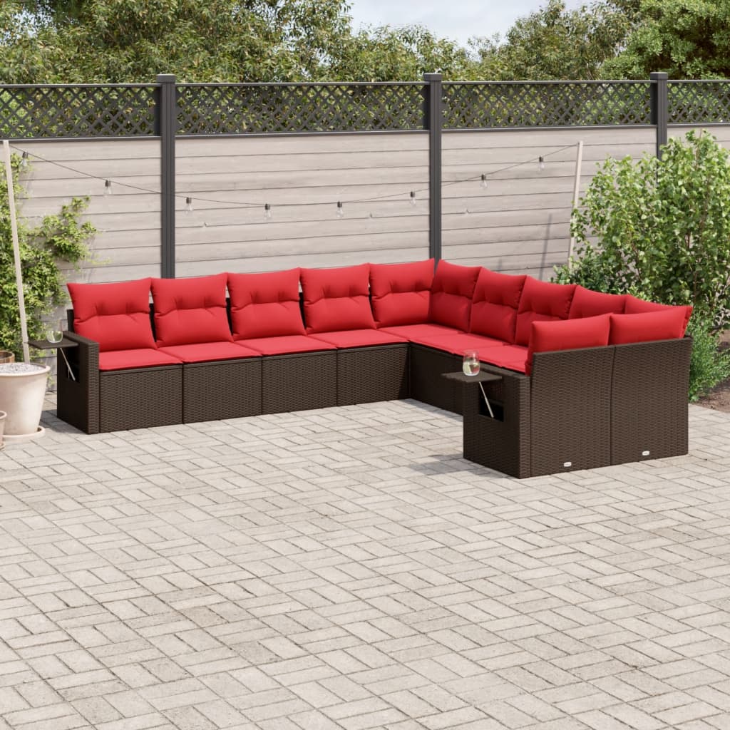 10 pcs conj. sofás jardim com almofadões vime PE castanho